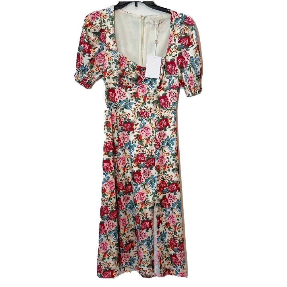 Wayf Women Beatrix Puff Sleeve Floral Midi Maxi Dress Red XS Side Slit Lined NWT